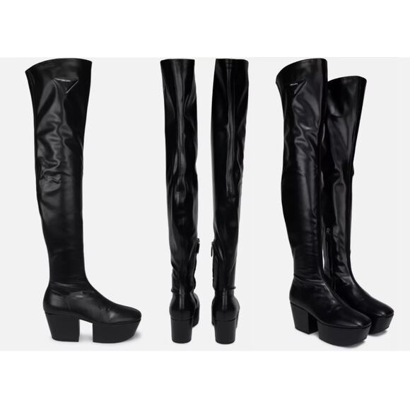 Prada Black Stretch Napa Over-the Knee Platform Boots - Picture 3 of 16